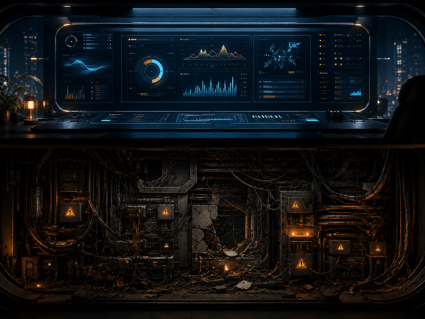 A polished software interface above a tangled, warning-lit technical layer beneath it.